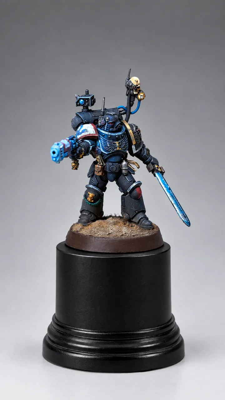 A finished miniature, an armoured warrior with sword and pistol, standing on a black display plinth. Tap it to sample a colour.