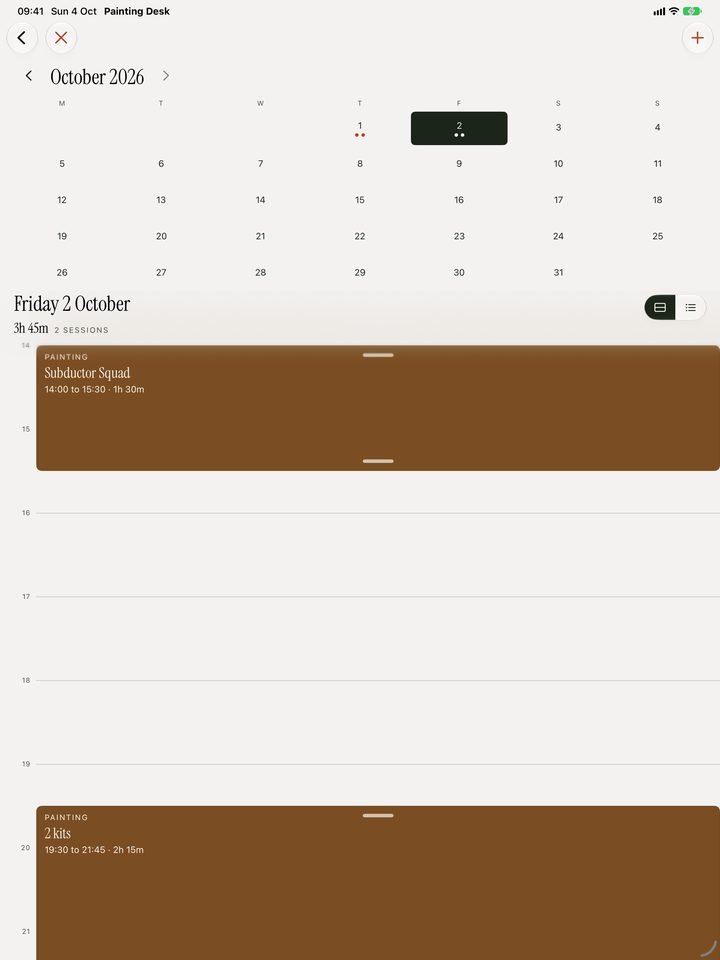Painting sessions on a calendar on iPad