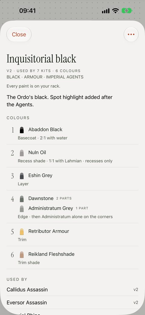 A recipe with its colours and mixes